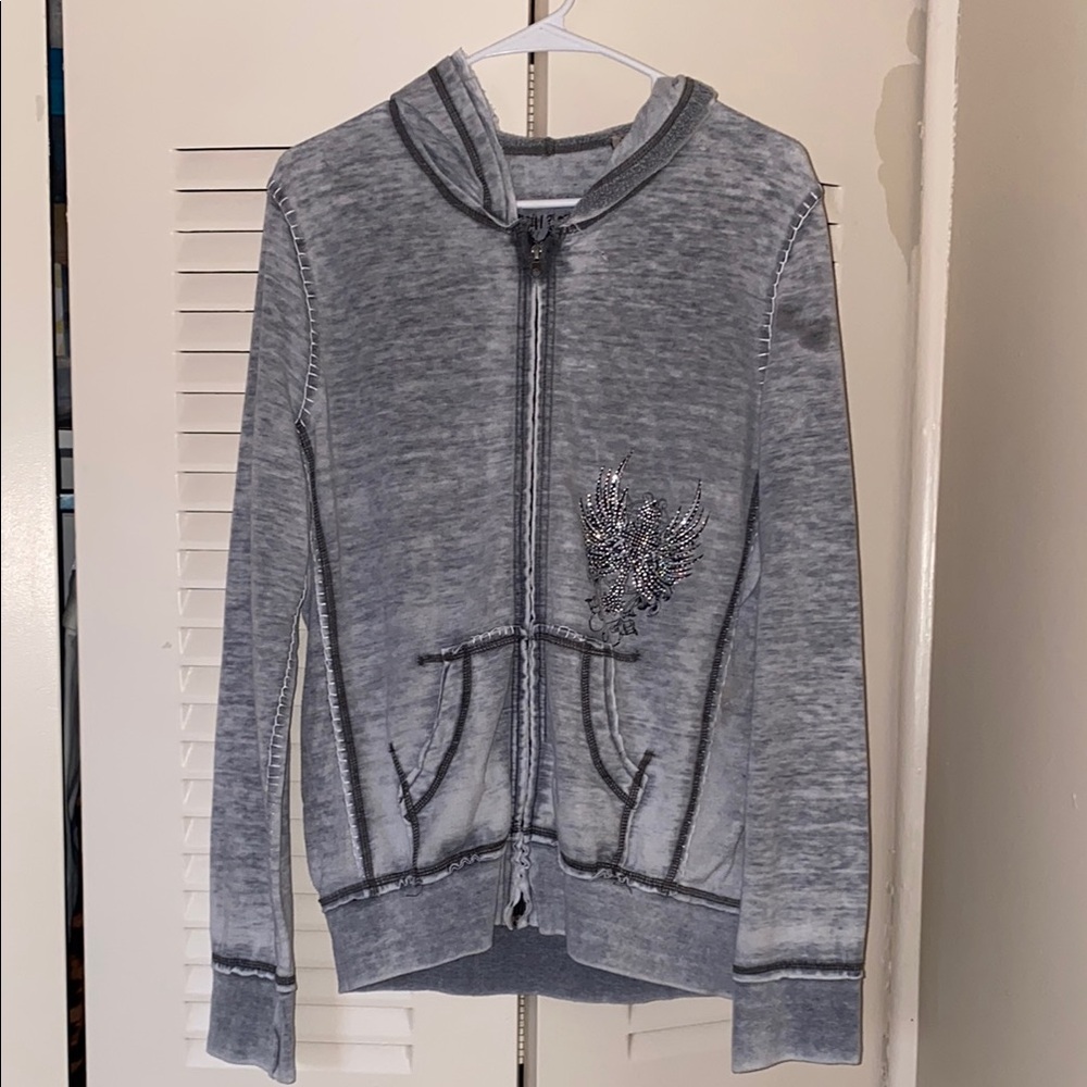 Gray Zip-Up Hoodie with Embellished Design
